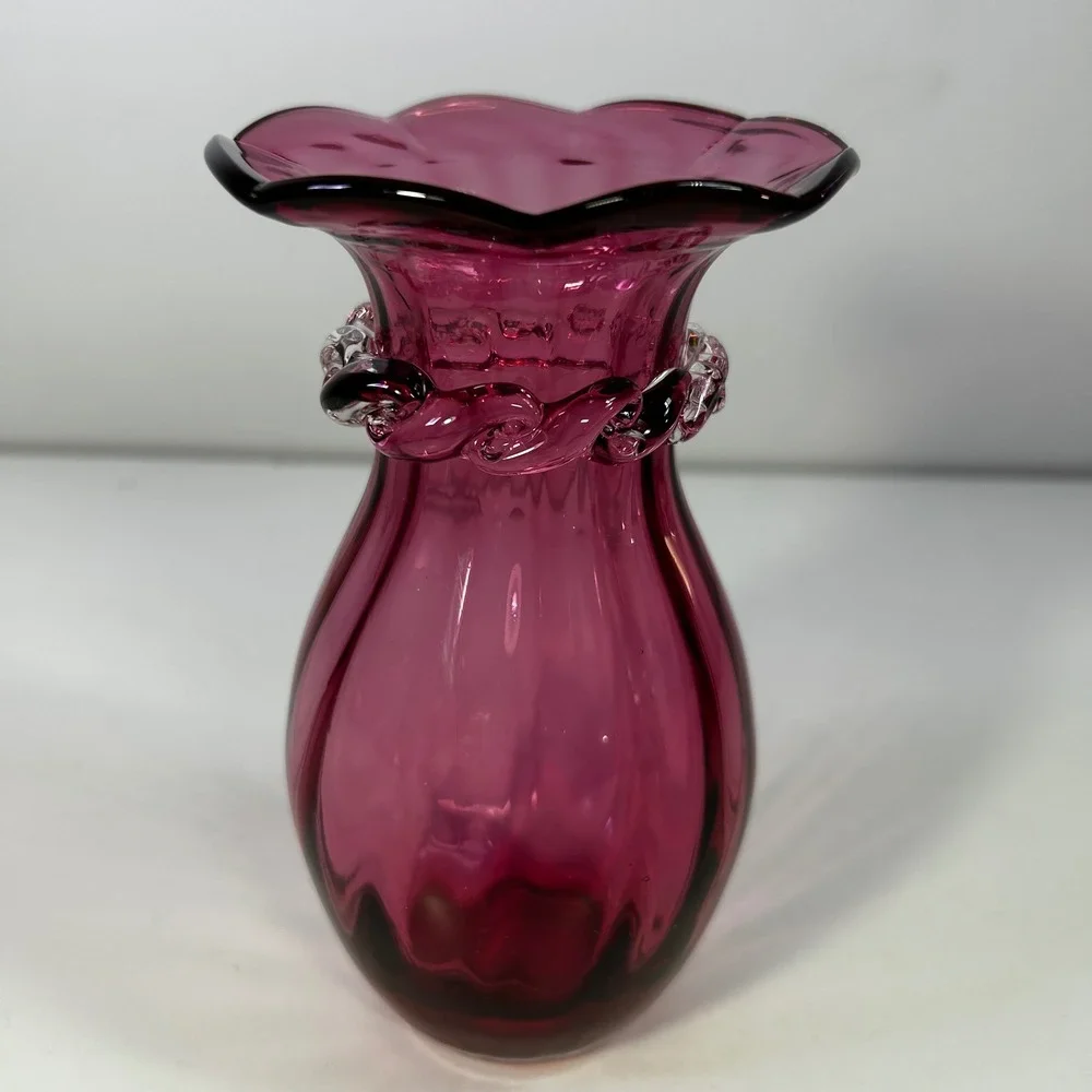 Vintage Cranberry Pink Art Glass Vase Ruffled Rim Clear Rigaree Optic Rib 6.5